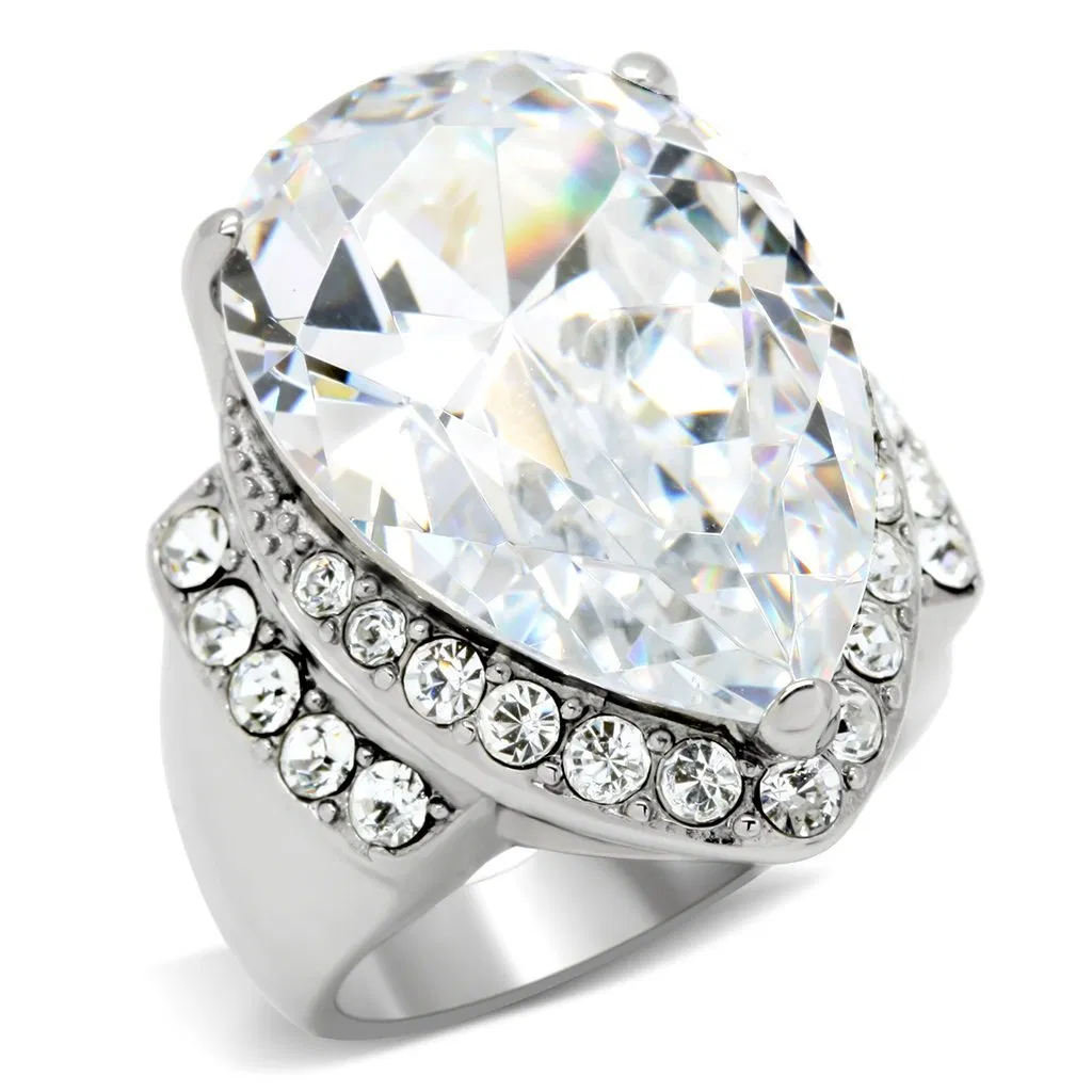 TK184 - High polished (no plating) Stainless Steel Ring with AAA Grade CZ in Clear - Grocery