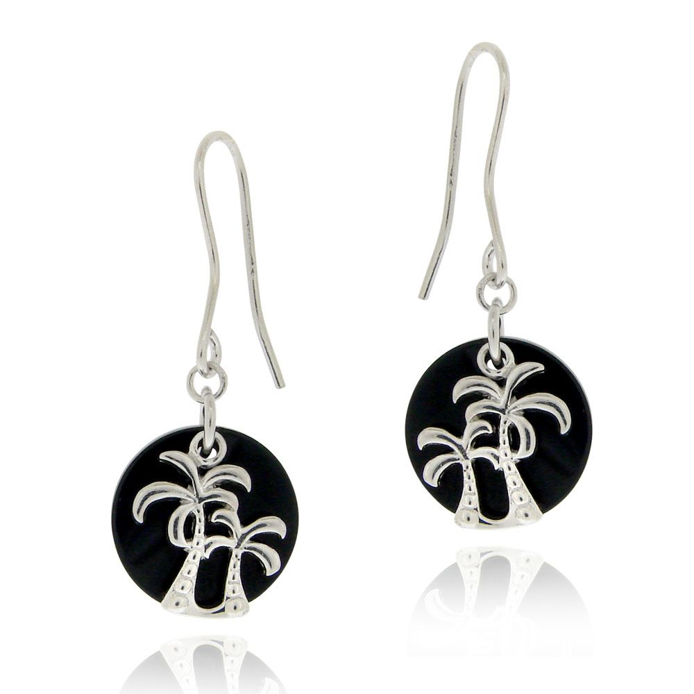 Sterling Silver Onyx & Palm Tree Dangle Earrings - Grocery