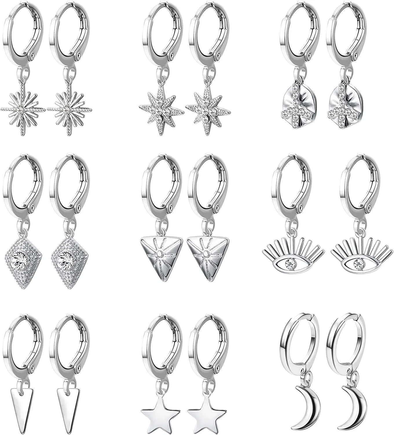 Small Dangle Hoop Earrings Cute Star Moon Evil Eye Charm Mini Huggie Hoop Earrings for Women - Grocery