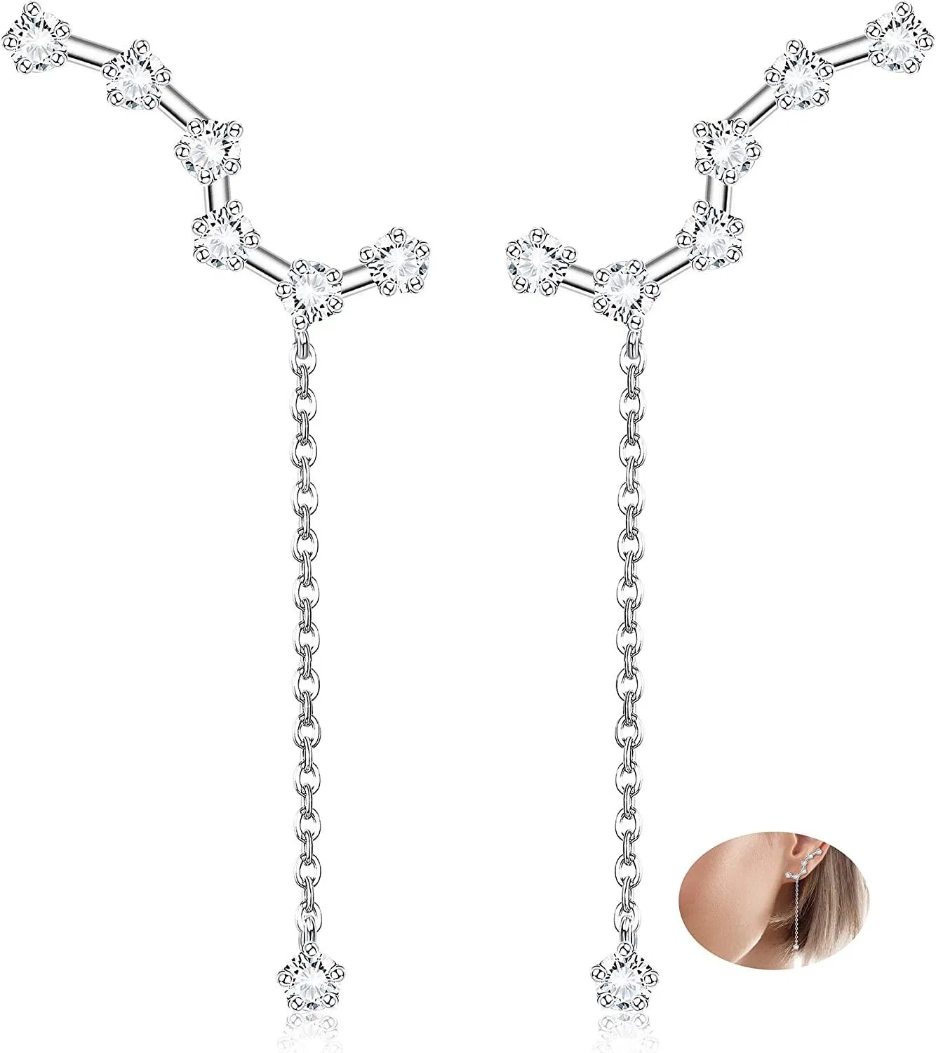 925 Sterling Silver Chain Dangle Earrings for Women RC Cubic Zirconia Big Dipper Stud Earrings Cute Constellation Earrings - Grocery