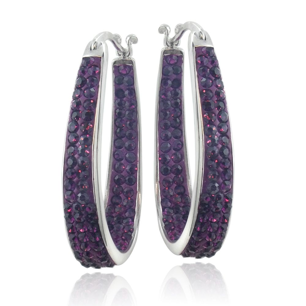 Silver Tone Purple Crystal Inside-Out Oval Hoop Earrings - Grocery