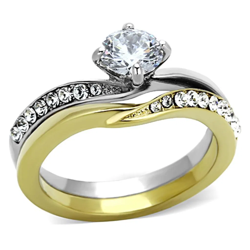 TK1280 - Two-Tone IP Gold (Ion Plating) Stainless Steel Ring with AAA Grade CZ in Clear - Grocery