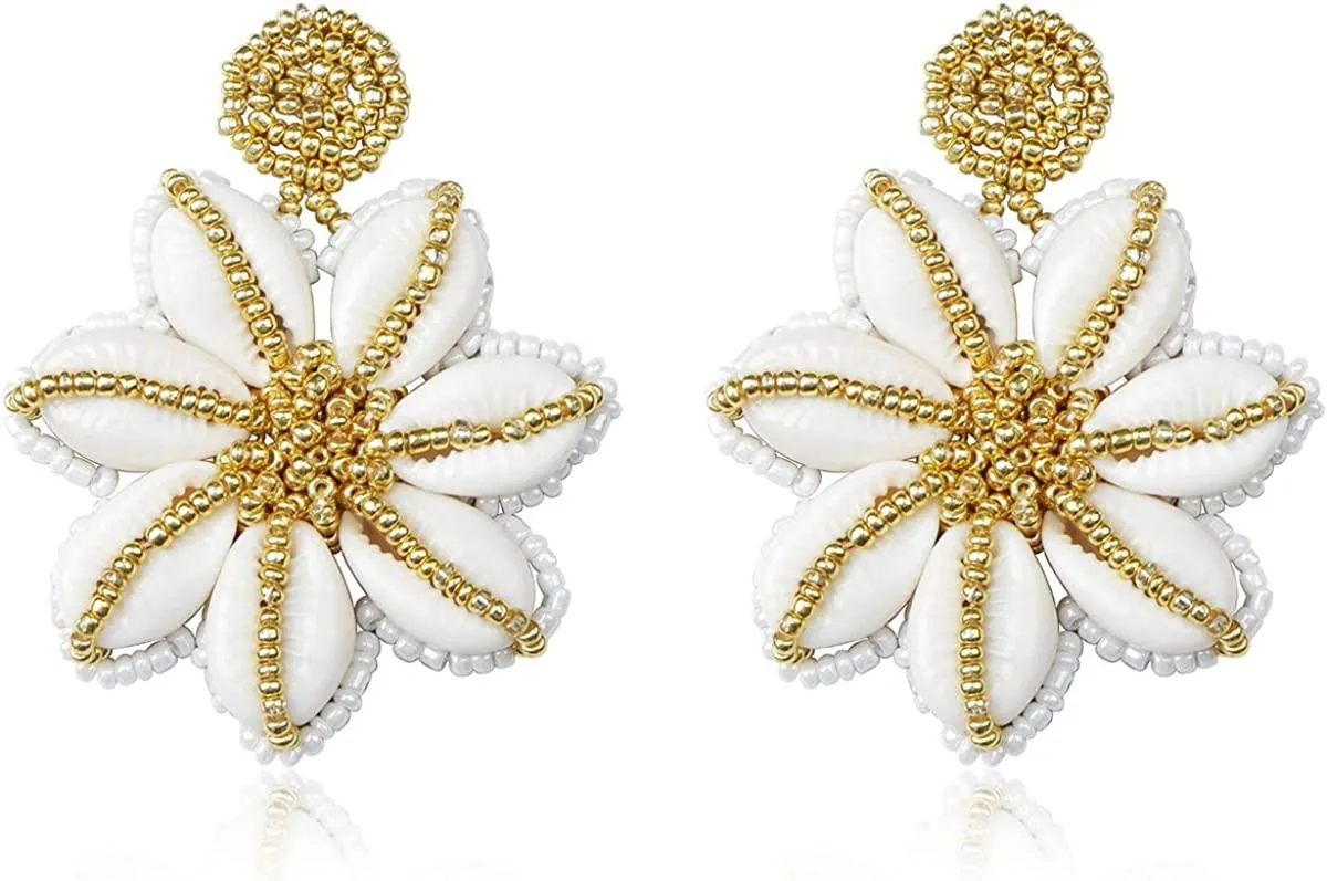 Beaded Statement Drop Earrings for Women Lightweight Handmade Flower Shape Bohemian Bead Earrings - Grocery