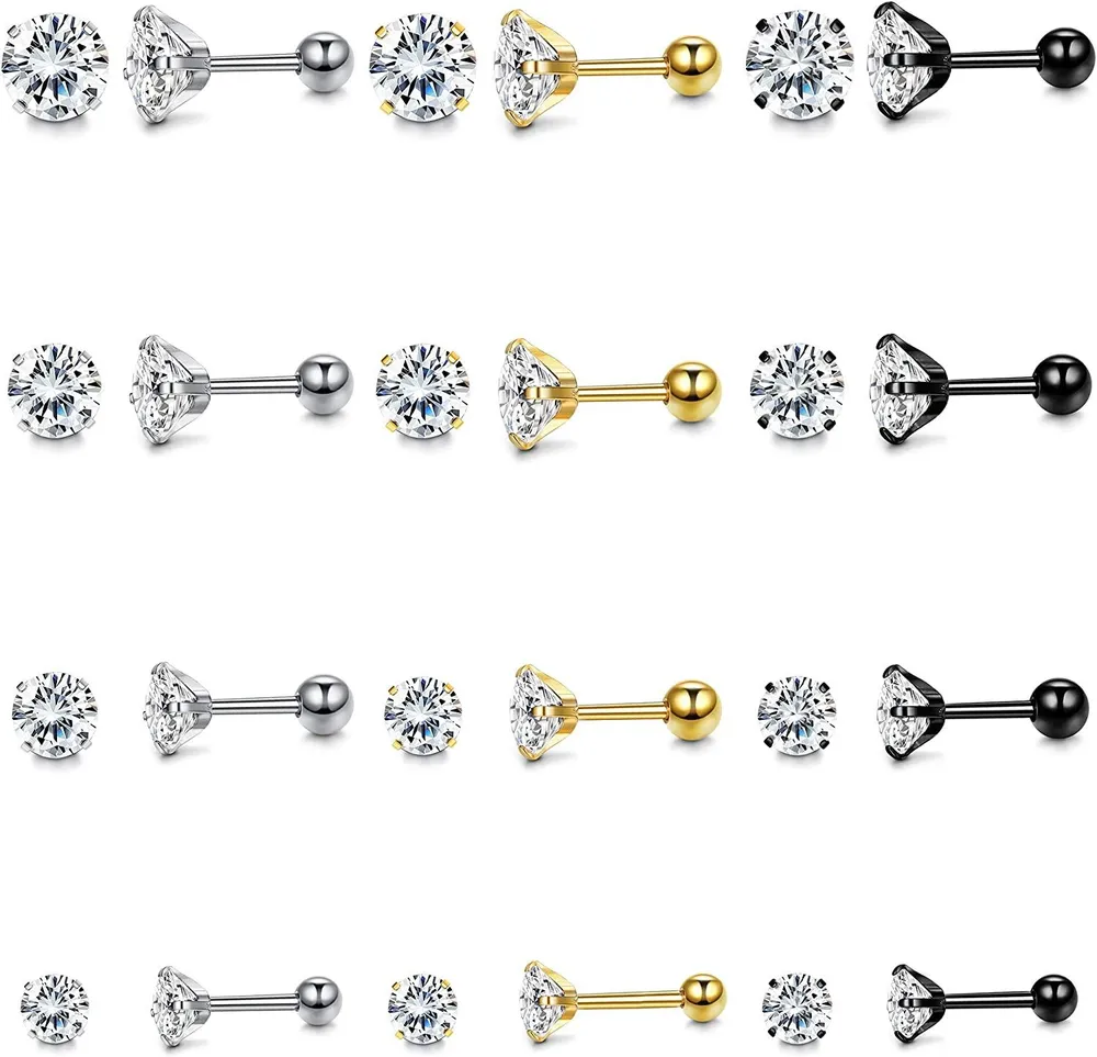 12Pairs Stainless Stud Earrings for Women Men CZ Helix Tragus Cartilage Earrings Ear Piercing Set - Grocery