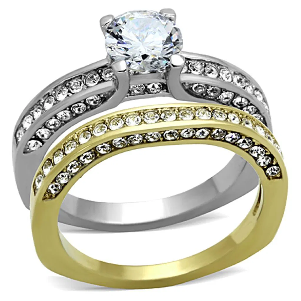 TK1284 - Two-Tone IP Gold (Ion Plating) Stainless Steel Ring with AAA Grade CZ in Clear - Grocery