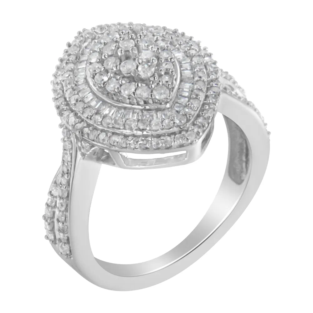 .925 Sterling Silver 1.0 Cttw Round & Baguette-Cut Diamond Marquise-Shaped Cluster Triple Stepped Halo Cocktail Fashion Ring (I-J Color, I2-I3 Clarity) - Grocery