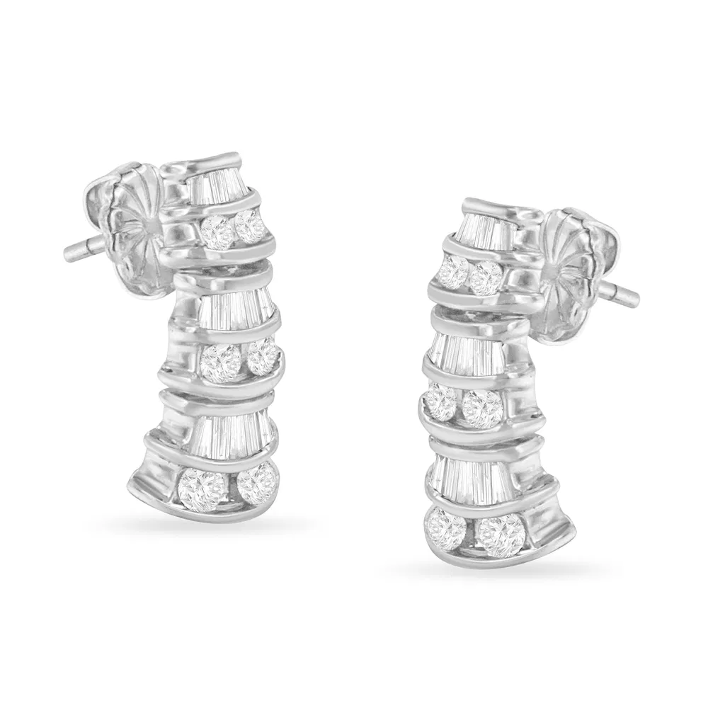 14KT White Gold 7/8 cttw Bagutte & Round Brilliant-Cut Diamond Dangle Multi Row Earrings (H-I, SI2-I1) - Grocery