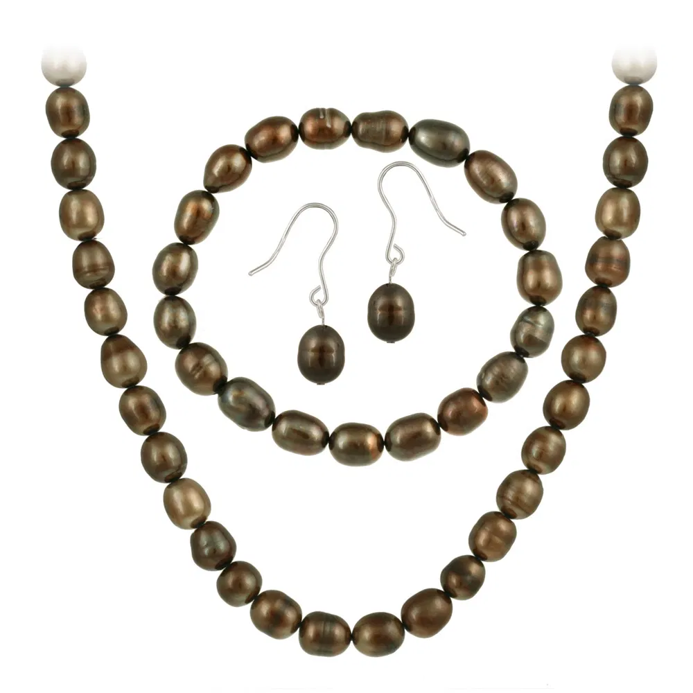 Sterling Silver Freshwater Cultured Brown Pearl Necklace, Bracelet Earring Jewelry Set - Grocery