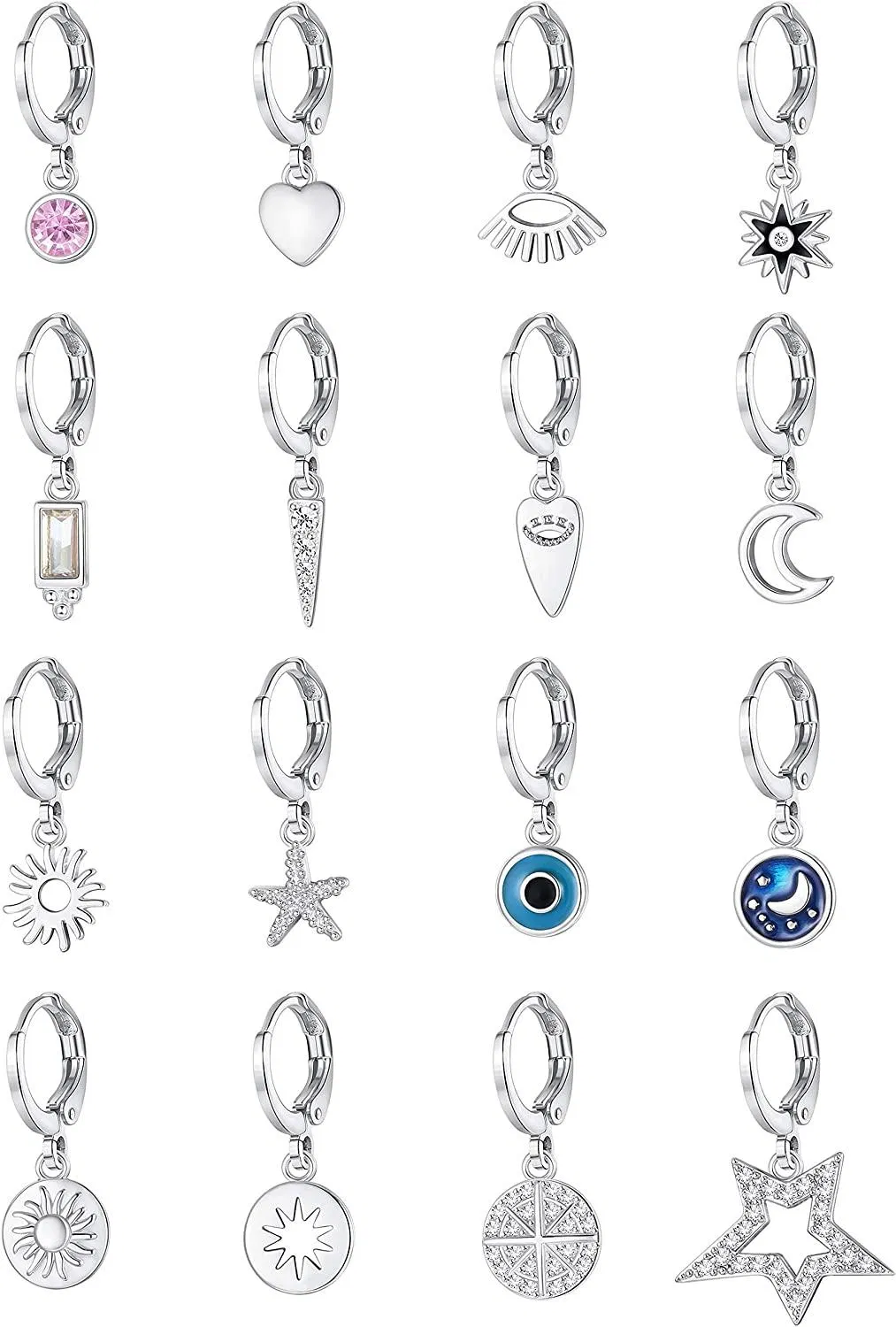 16 PCS Plated Small Dangle Earrings Set With Charm For Women Mini Hoop Dangle Earrings CZ Huggie Hoop Earrings - Grocery