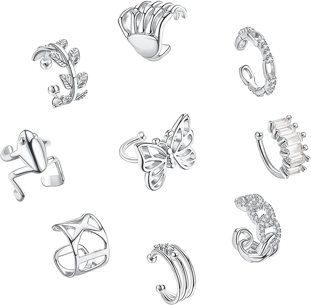 9 Pcs Vintage Cuff Earrings Set for Women No Piercing Cubic Zirconia Sparkling Cartilage Ear Cuffs Frog Butterfly Clip on Wrap Cuff Earrings - Grocery