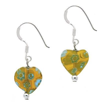 Sterling Silver Yellow Millefiori Murano Glass Heart Dangle Earrings - Grocery