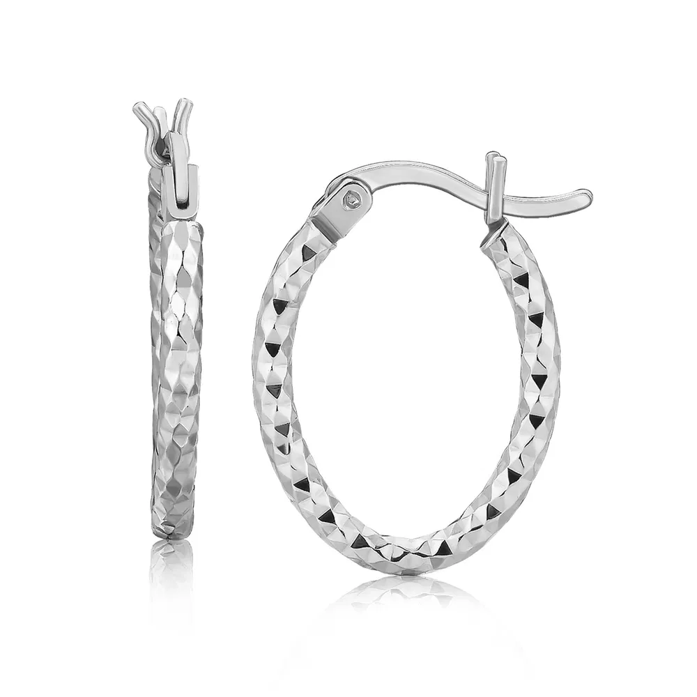 Sterling Silver Rhodium Plated Small Oval Hoop Diamond Cut Textured Earrings(2x10mm) - Grocery