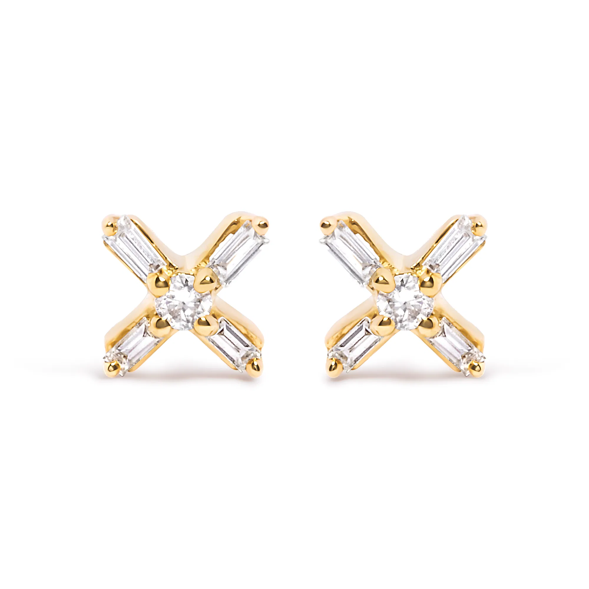 10K Yellow Gold 1/10 Cttw Round and Baguette Diamond Criss Cross X Stud Earring (H-I Color, I1-I2 Clarity) - Grocery