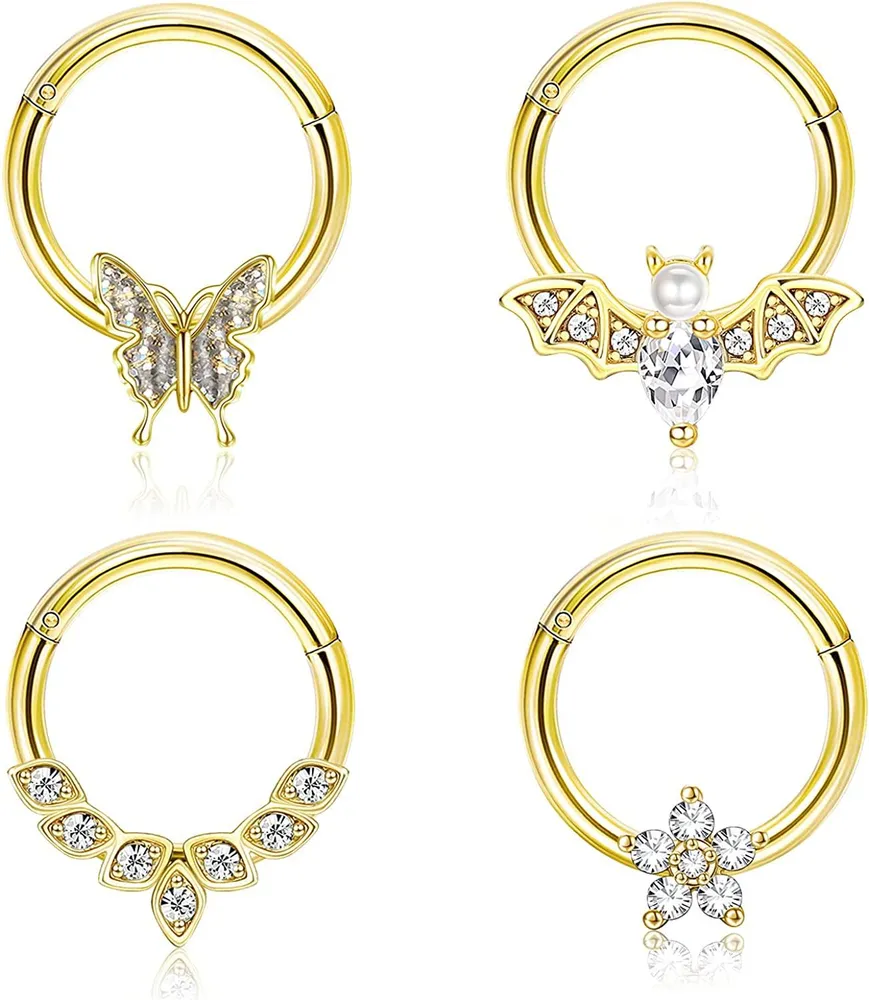 4Pcs 16G Septum Rings Stainless Cartilage Helix Tragus Hoop Daith Earrings Nose Rings Hoop CZ Butterfly Flower Bat Halloween Septum Clicker Rings Set 8mm - Grocery