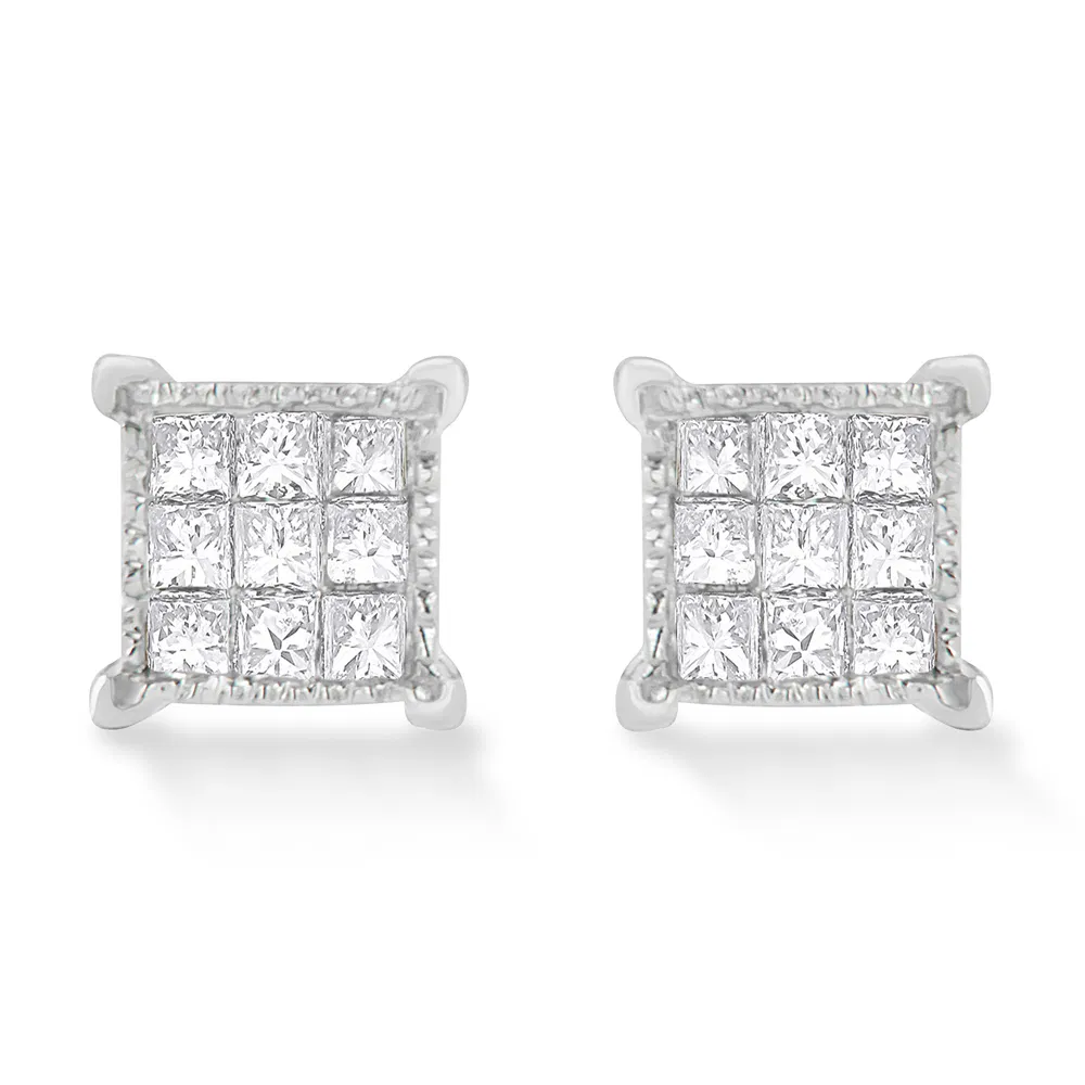 10K White Gold 1/3 Cttw Invisible Set Princess-Cut Diamond 18 Stone Composite Stud Earrings with Screwbacks (I-J Color, SI2-I1 Clarity) - Grocery