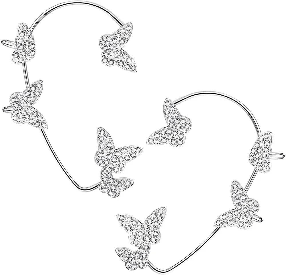 Zircon Butterfly Ear Cuffs Earrings for Women No Piercing Butterfly Ear Clips Wrap Crawler Earrings Around Ear Earrings Fairy Earrings - Grocery