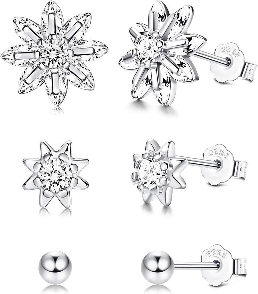 3 Pairs Sterling Stud Earrings - Flower Ball Small Stud Earrings Set Cubic Zirconia Stud Earrings for Women - Grocery