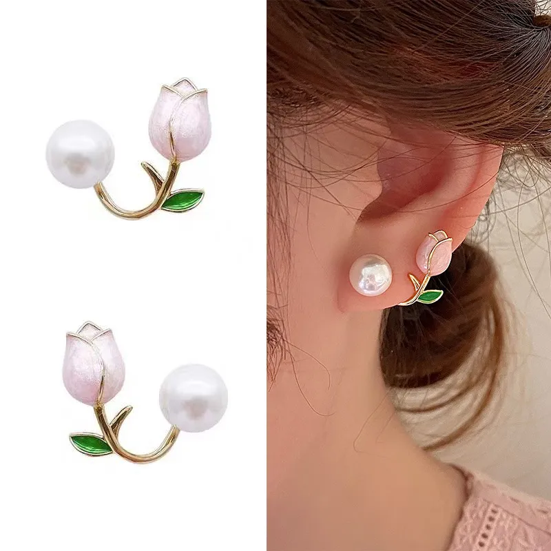 1pc, Pink Tulip Flower Pearl Stud Earrings, Premium Light Luxury Niche Design Earrings, Zircon Exquisite Earrings, Woman Girl Jewery - Grocery