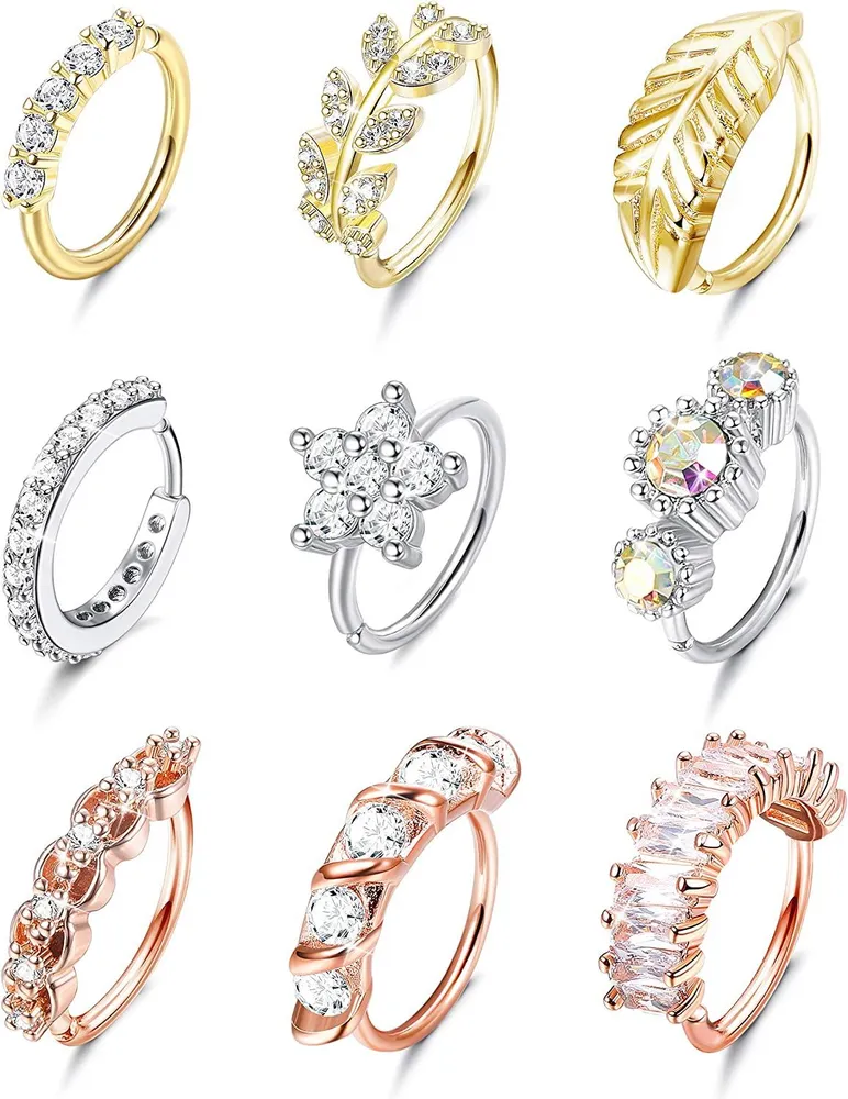 9Pcs Stainless Steel Nose Ring Hoop Stud Paved CZ Leaf Feather Flower Crawler Nose Ear Cartilage For Women Nose Ear Piercing Hoop - Grocery