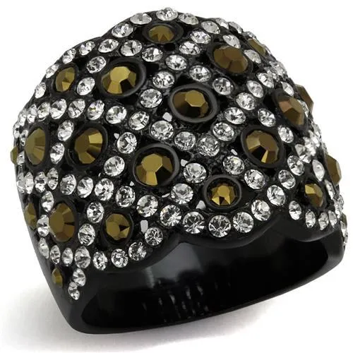 TK2197 - IP Black(Ion Plating) Stainless Steel Ring with Top Grade Crystal in Metallic Light Gold - Grocery
