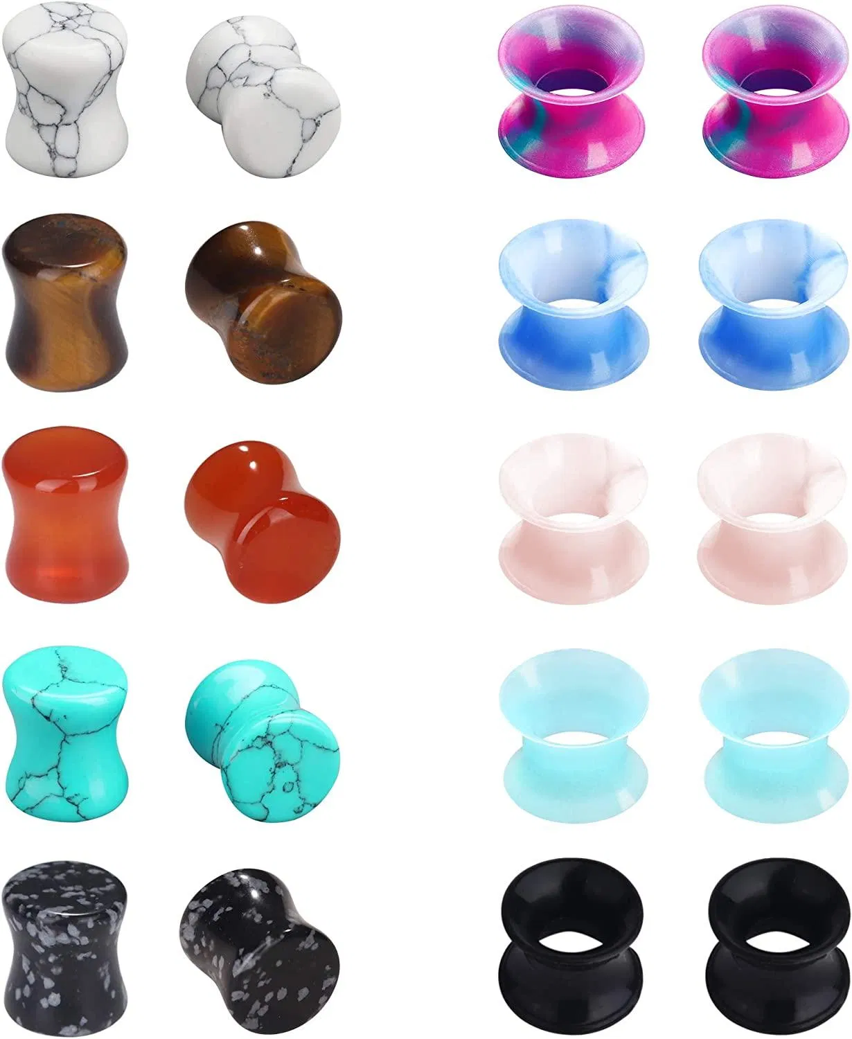 20Pcs Mixed Stone Ear Plugs Silicone Tunnels Gauges Double Flare Saddle Stretching Gauges Expander 0g 00g 1/2