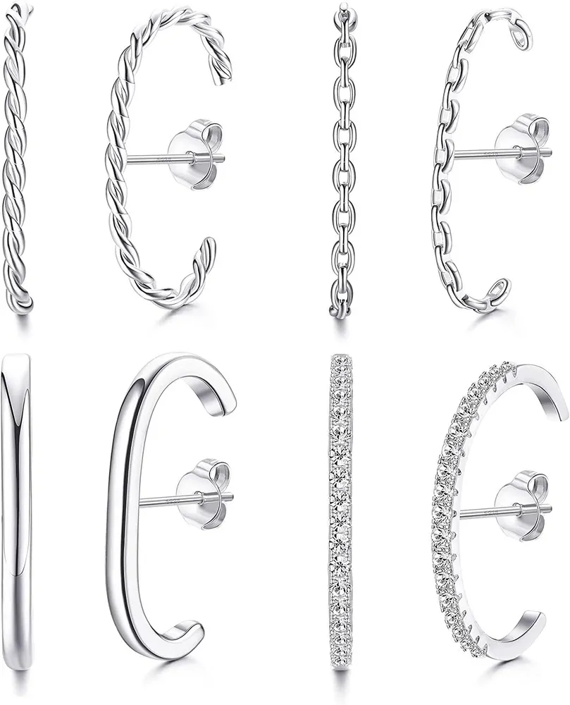 4 Pairs 925 Sterling Silver Suspender Earring for Women Minimalist Ear Lobe Cuff Stud Earring CZ Wrap Crawler Suspension Hoop Earring Set - Grocery