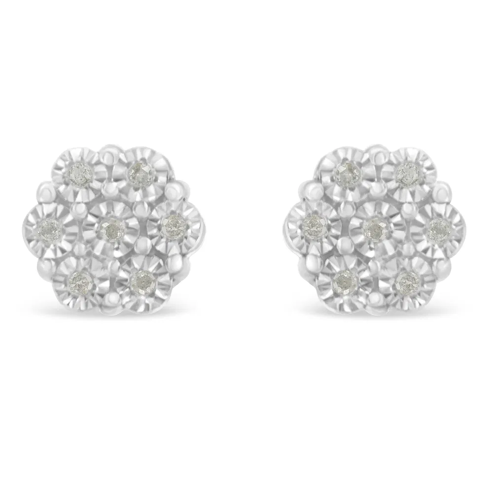 .925 Sterling Silver 1/10 Cttw Round-Cut Diamond Miracle-Set Floral Cluster Button Stud Earrings (I-J Color, I2-I3 Clarity) - Grocery