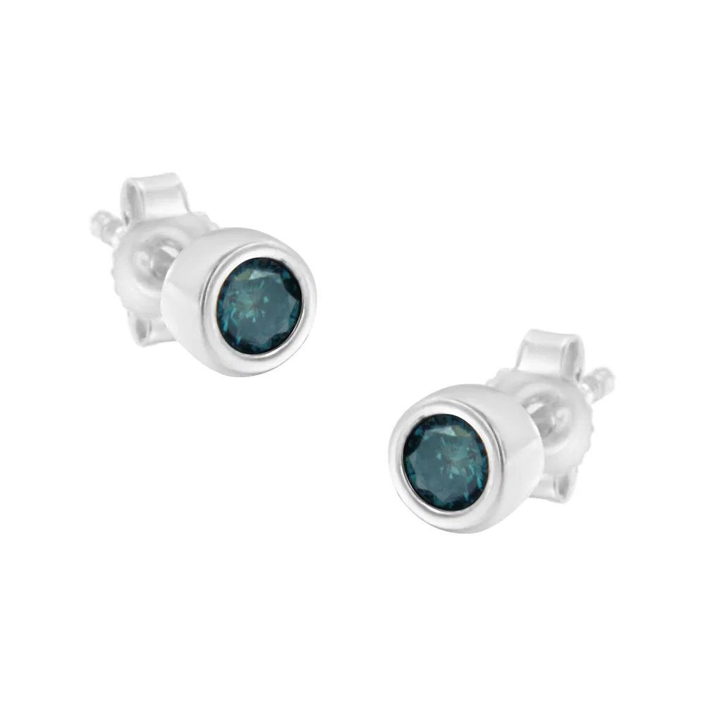 .925 Sterling Silver 1/5 Cttw Round Brilliant-Cut Blue Diamond Bezel-Set Stud Earrings (Fancy Color-Enhanced, I2-I3 Clarity) - Grocery