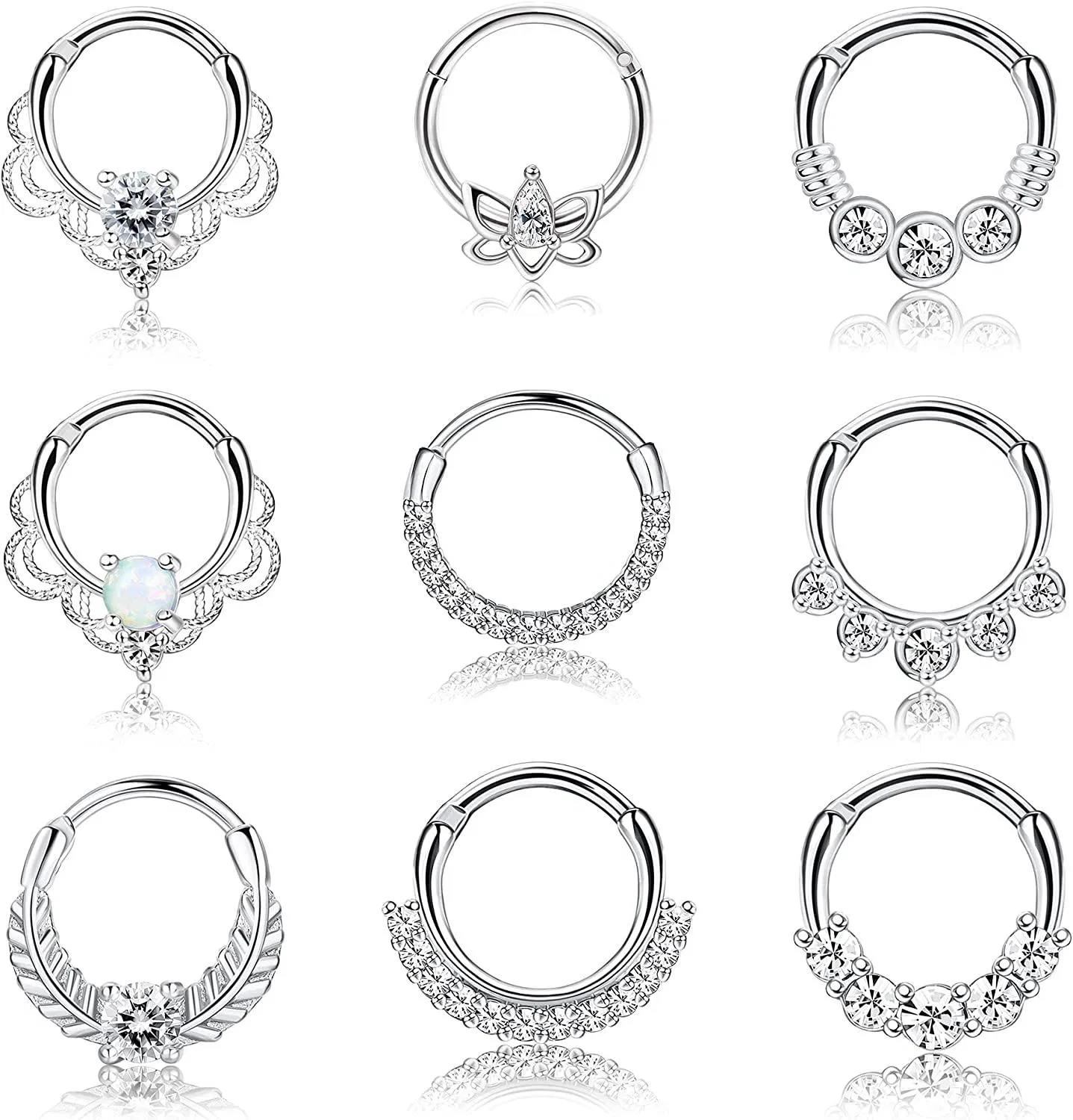9PCS 16G Septum Rings Opal Daith Earrings Hoop Nose Rings 316L Stainless Steel CZ Cartilage Helix Tragus Earrings Septum Clicker Piercing Jewelry - Grocery