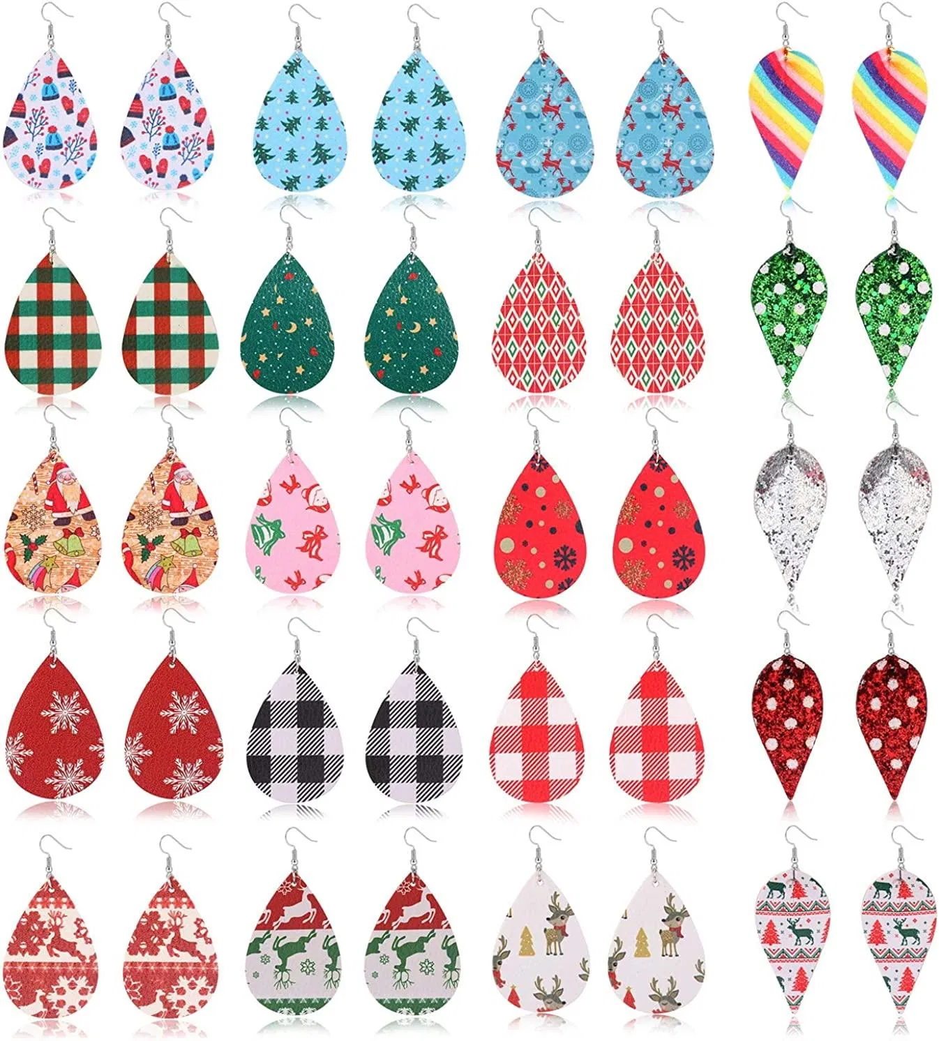 20 Pairs Christmas Leather Earrings for Women Lightweight Petal Plaid Teardrop Dangle Earrings Xmas - Grocery