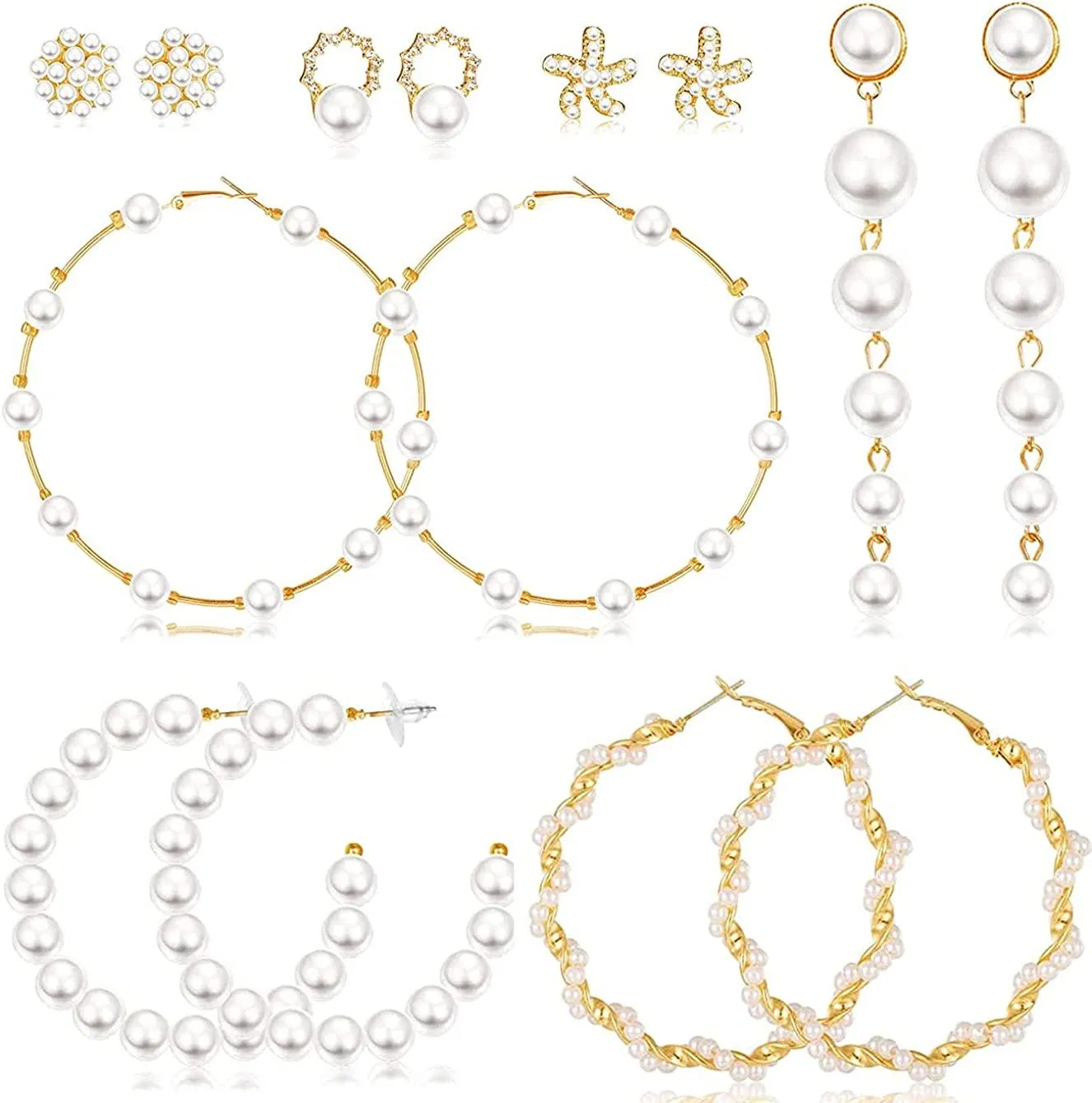 7 Pairs Faux Pearl Hoop Earrings for Women Large Hoops Huge Circle Pearls Earrings Long Pearl Earrings Dangle Stud Pearl Earrings - Grocery