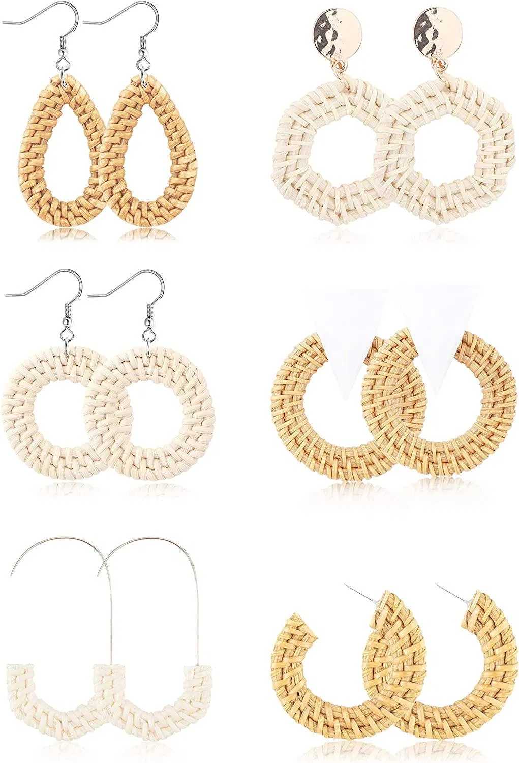 6Pairs Rattan Earrings for Women Handmade Straw Wicker Braid Drop Hoop Dangle Earrings Lightweight Geometric Statement Earrings Set - Grocery