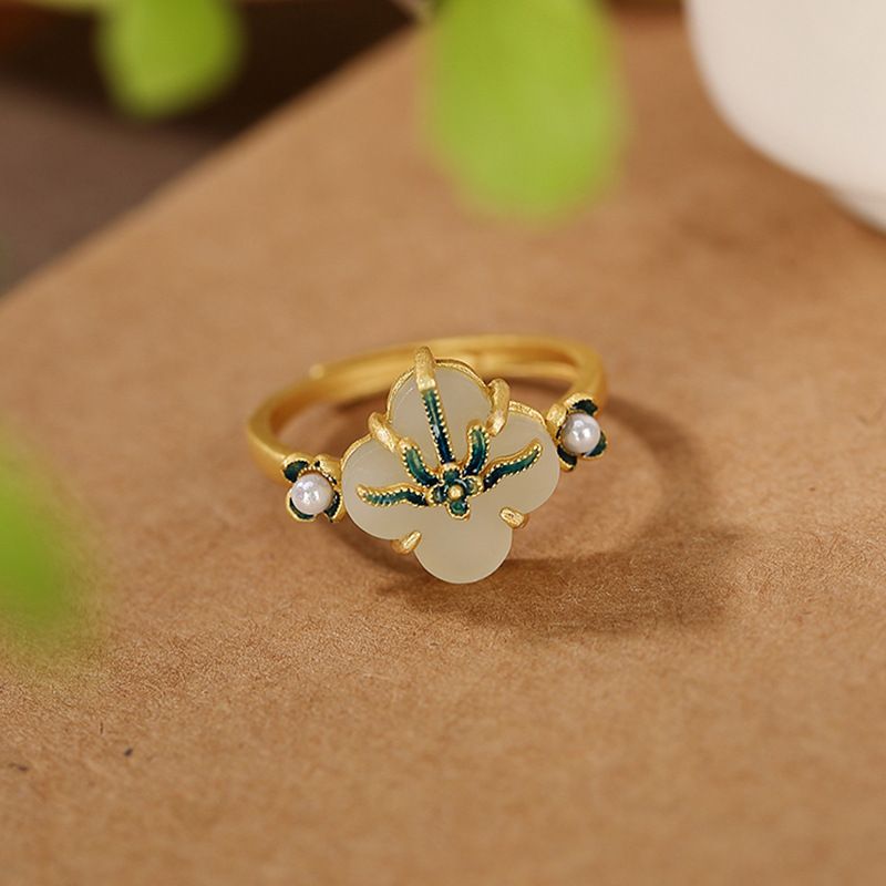 Sterling Silver Gold Plated Hetian Jade Clover Earrings Ring Pendant Set - Grocery