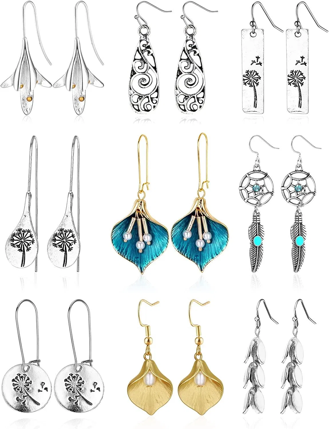 9 Pairs Boho Drop Dangle Earrings for Women Teens Vintage Bohemian Earrings Flower Leaf Drop Dangle Statement Earring Fashion Dangling Jewelry - Grocery