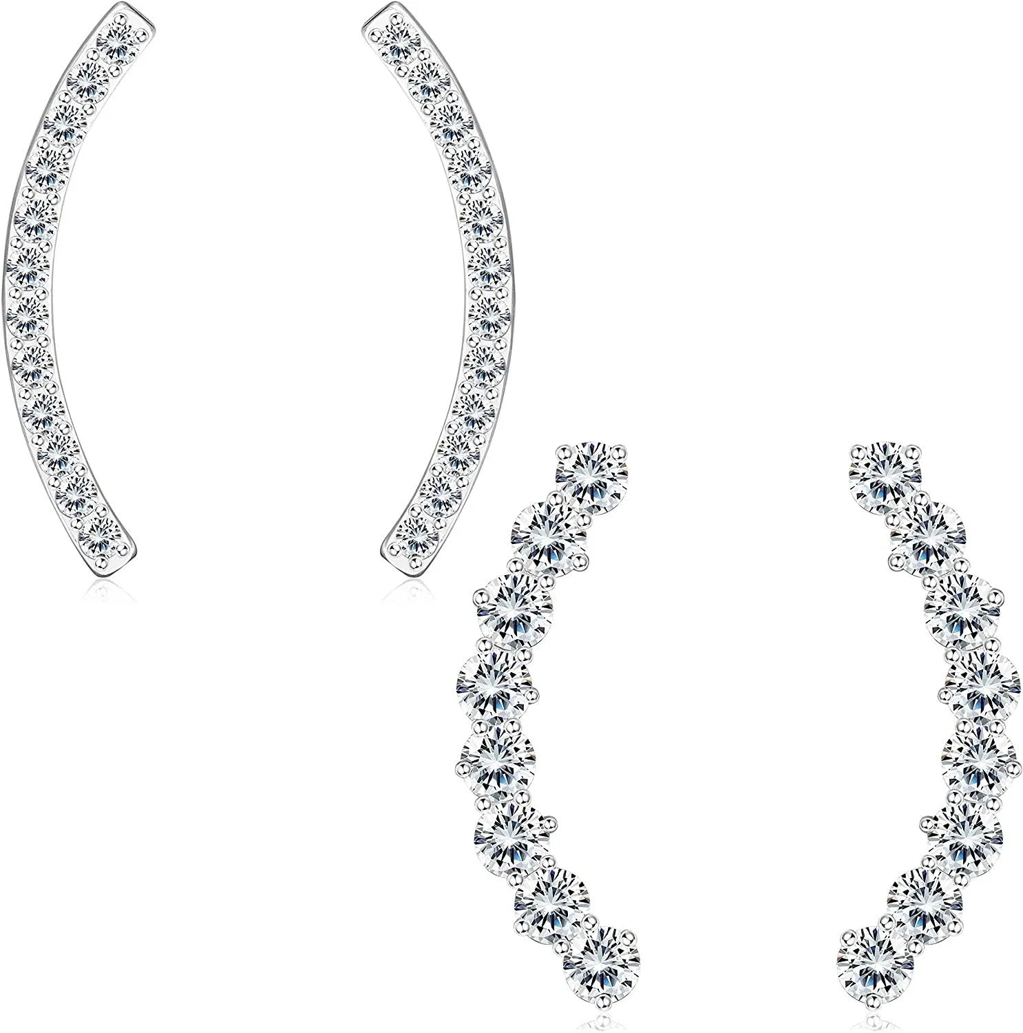 2 Pairs 925 Sterling Sliver Crawler Stud Earrings For Women White Gold Plated Danity Cuff Earrings Set Round Cubic Zirconia Stud Earrings Sparkly - Grocery
