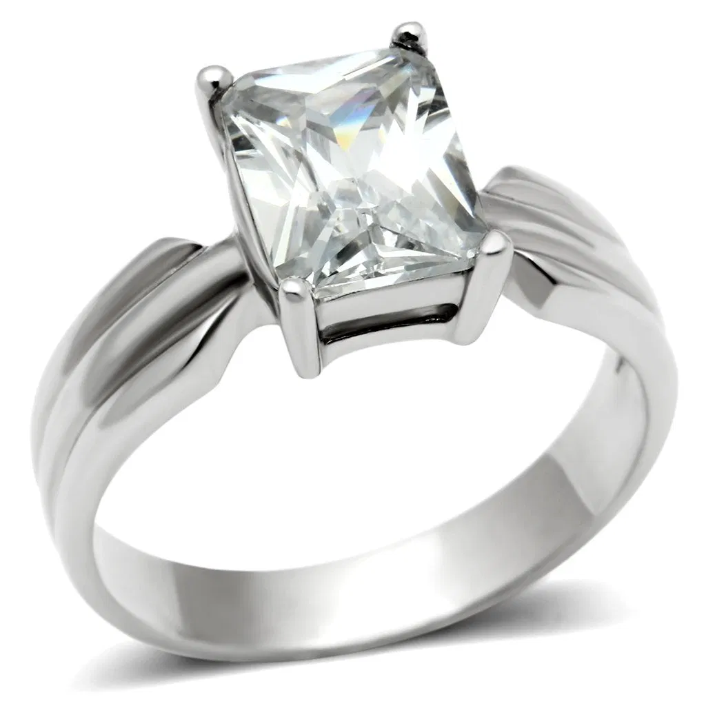 TK391 - High polished (no plating) Stainless Steel Ring with AAA Grade CZ in Clear - Grocery