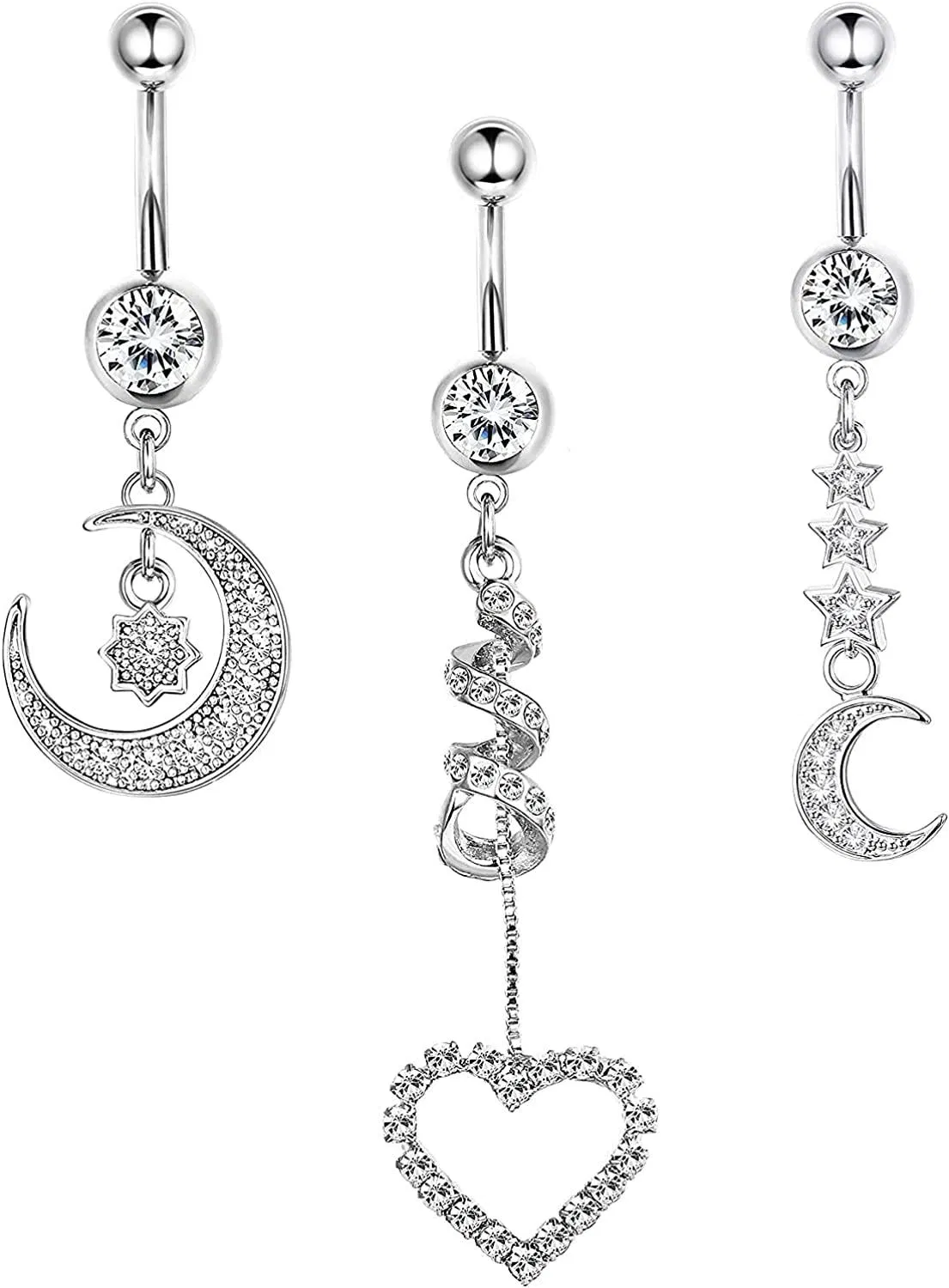 14G Belly Button Rings Dangle for Women Surgical Curved Navel Rings Barbell Clear CZ Body Piercing Jewelry - Grocery
