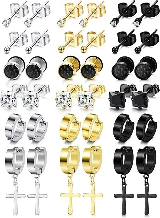 Stud Hoop Cross Earrings for Men Women Stainless CZ Huggie Piercing 18G - Grocery