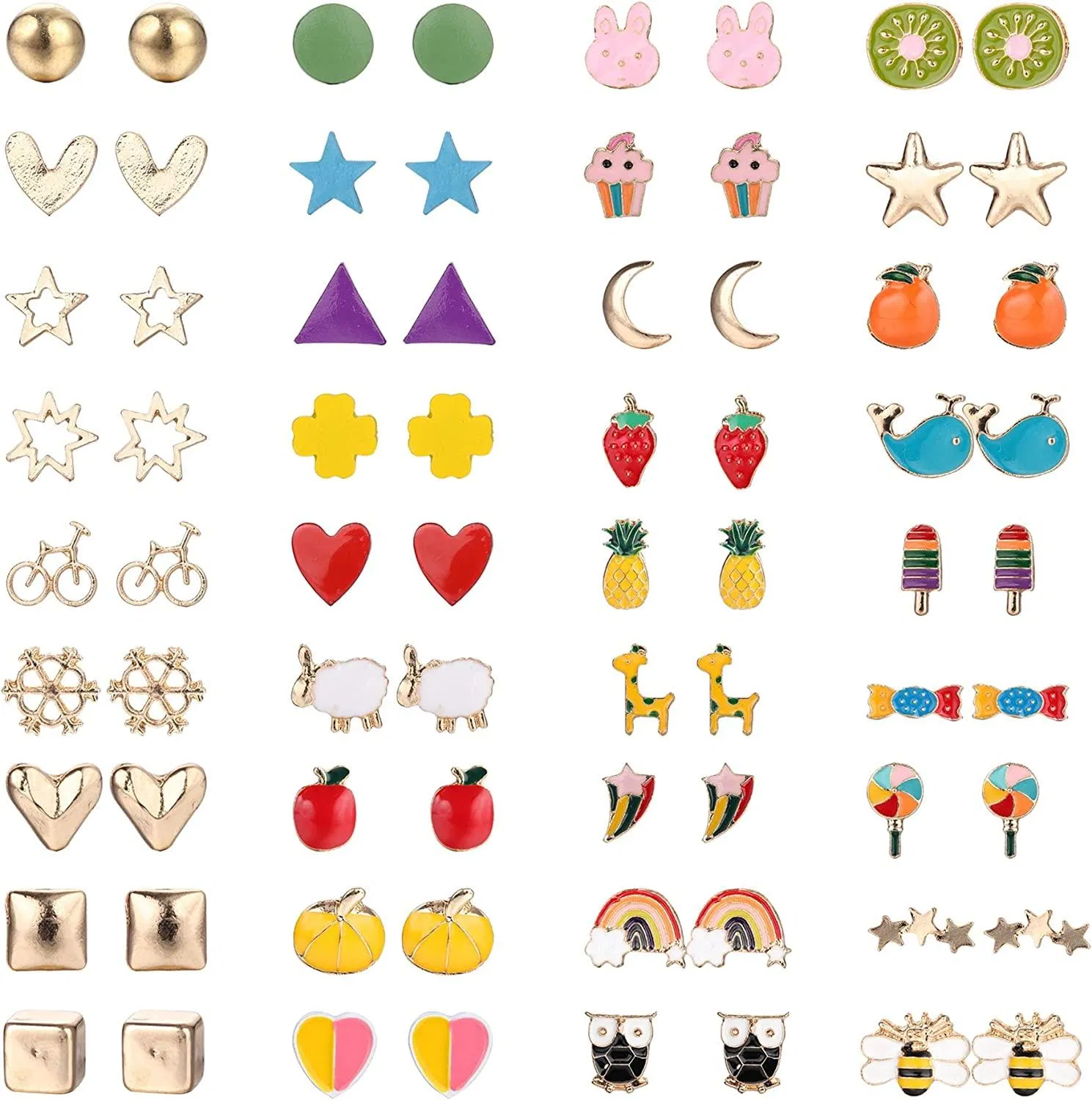 36 Pairs Colorful Cute Stud Earrings for Women Hypoallergenic Ball Heart Square Triangle Rainbow Bee Mixed Color Earrings Set - Grocery
