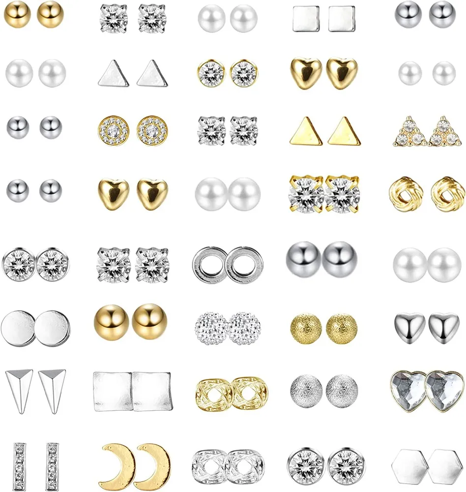 40Pairs Small Stud Earrings Set for Women Minimalist Mixed Crystal Pearl Earrings Set Simple Small Geometric Stud Earrings - Grocery