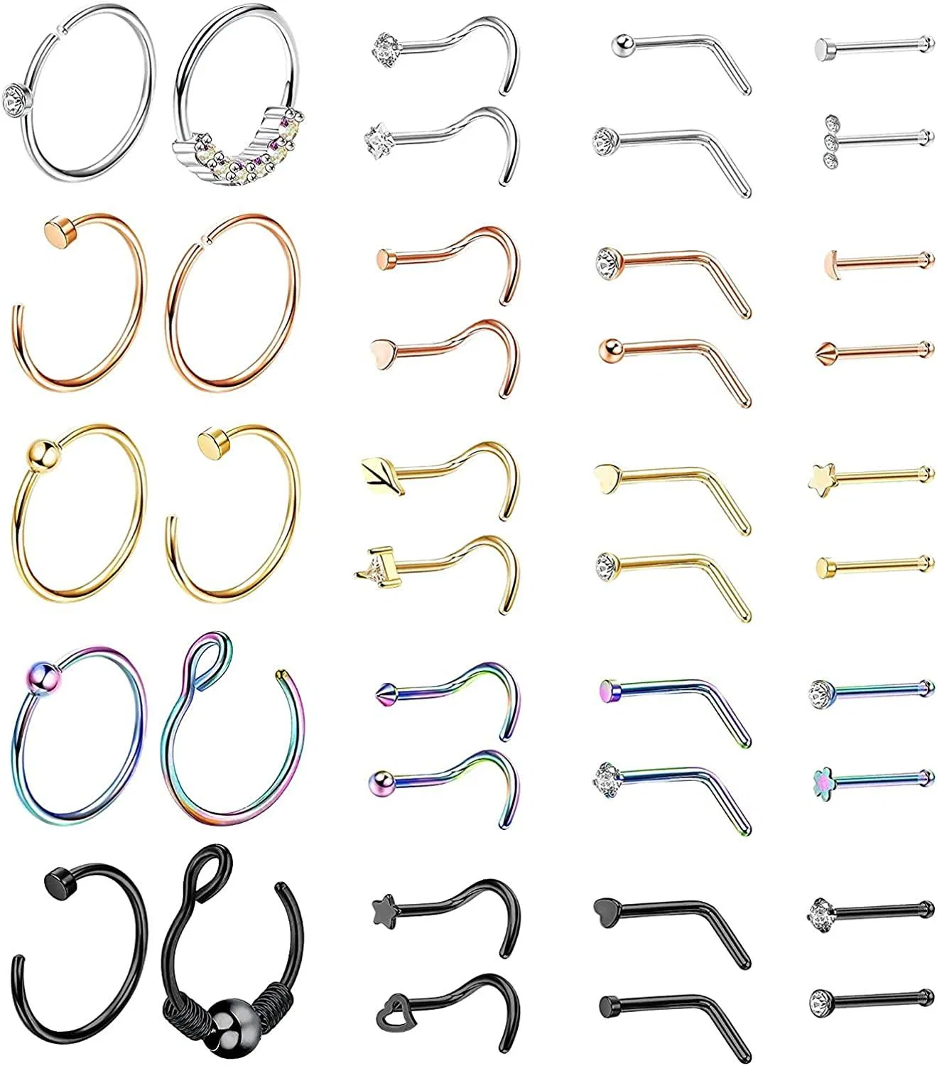 40 Pcs 20G Nose Rings for Women Men Nose Rings Hoops Zircon Inlaid Stainless Screw L Shape Nose Piercing Jewelry - Grocery