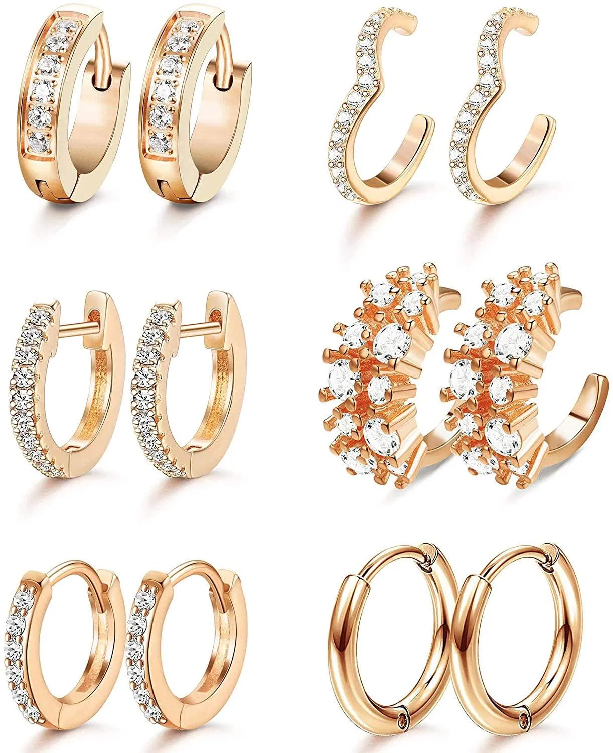 6 Pairs Hoop Huggie Earrings for Women Cubic Zirconia Ear Cuff Earrings Cartilage Earring Hoop Conch Piercing - Grocery