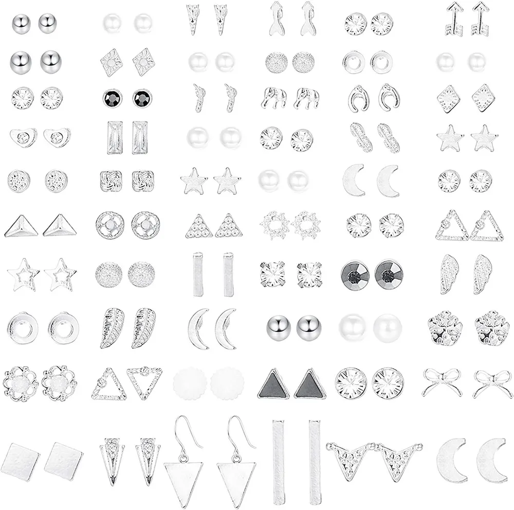 60 Pairs Tone Stud Earrings for Women Men Triangle Square Circle Bar Star Moon Geometric Leaf Arrow Bow CZ Ball Faux Pearl Earrings Set - Grocery
