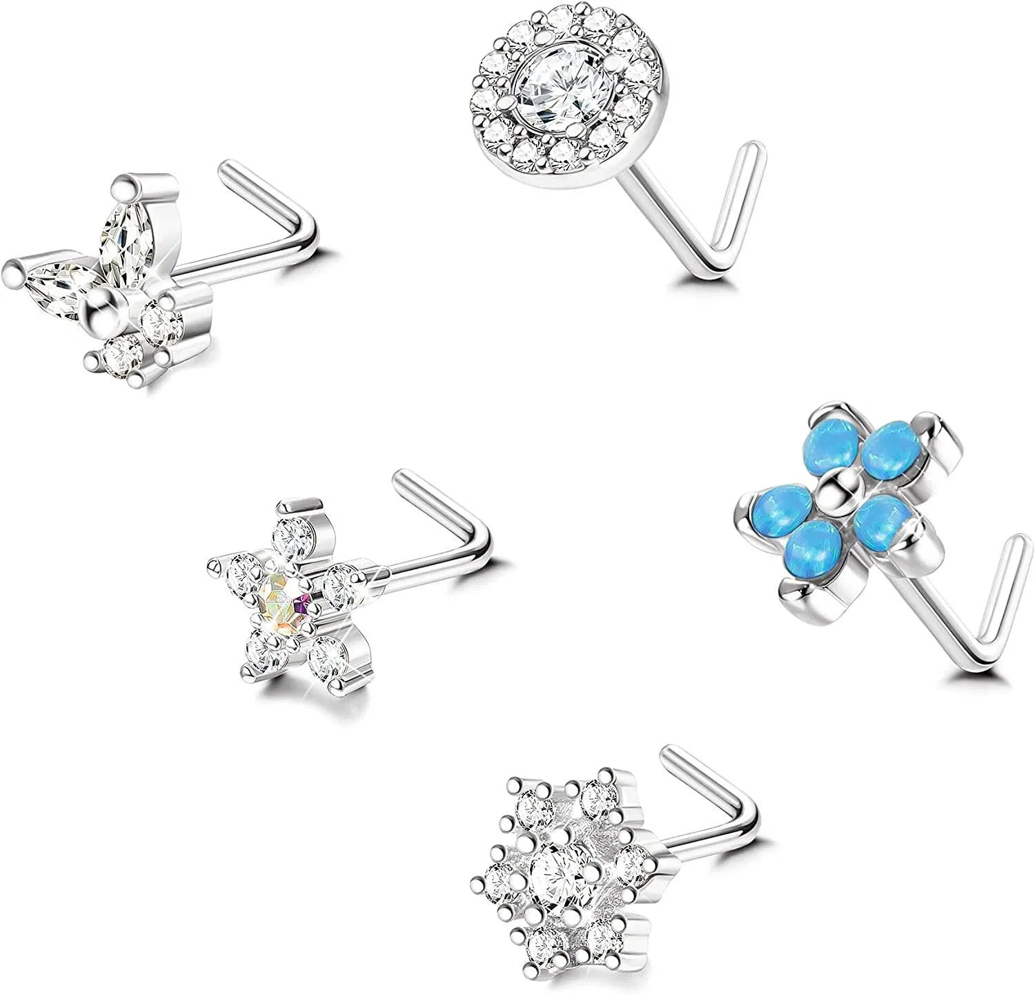 5Pcs 20G Nose Studs Flower Butterfly Nose Rings Screw L Shaped Nose Rings Stud Cute Nose Rings for Women Men - Grocery