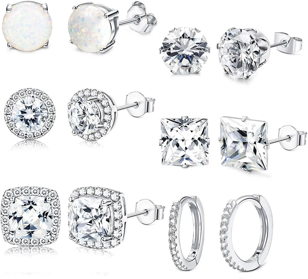 6 Pairs 18K White Gold Plated CZ Simulated Diamond Halo Stud Earrings for Women Round Square CZ Opal Huggie Hoop Cuff Earrings for Anniversary - Grocery
