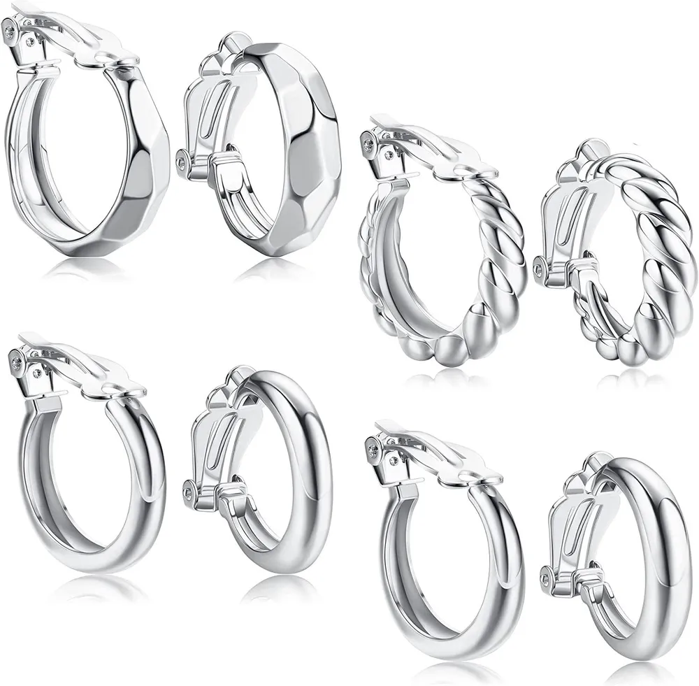 4 Pairs Clip On Hoop Earrings For Women Chunky Round Geometric Croissant Fake Earrings No Pierce Earrings - Grocery