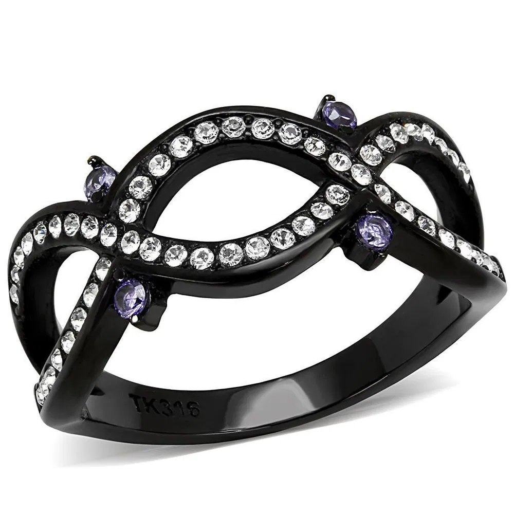 TK3047 - IP Black(Ion Plating) Stainless Steel Ring with AAA Grade CZ in Amethyst - Grocery