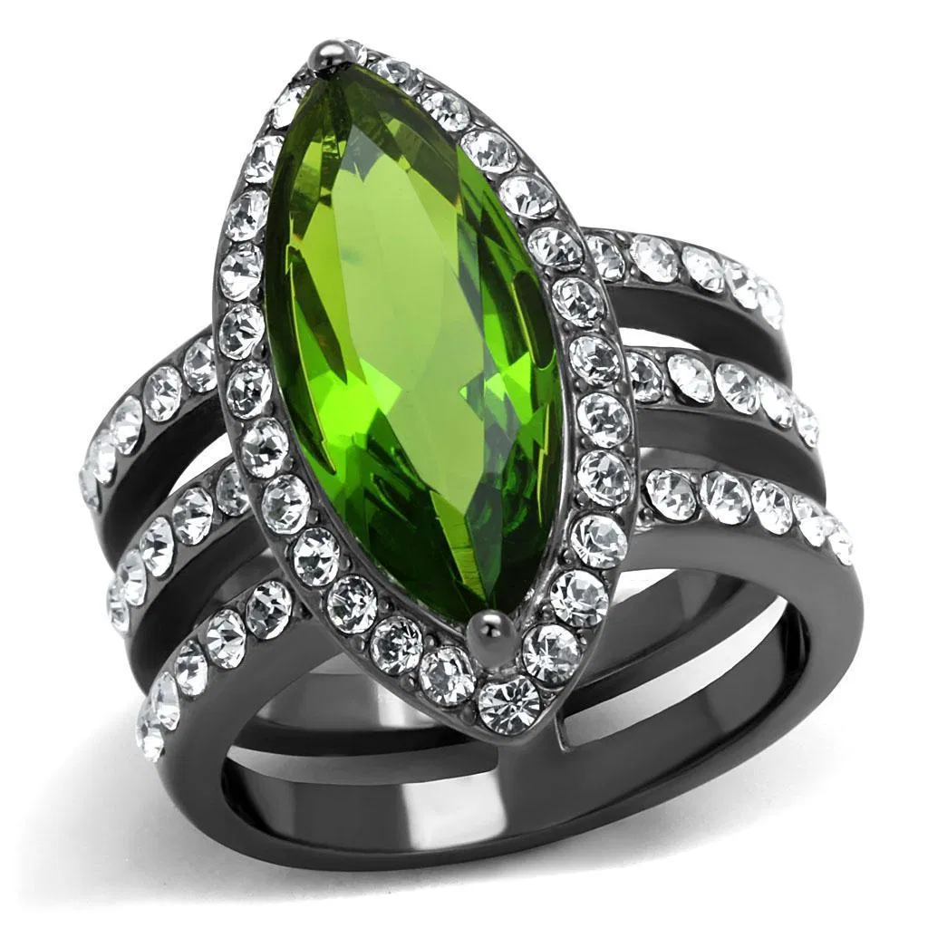 TK2989 - IP Light Black (IP Gun) Stainless Steel Ring with Synthetic Synthetic Glass in Peridot - Grocery
