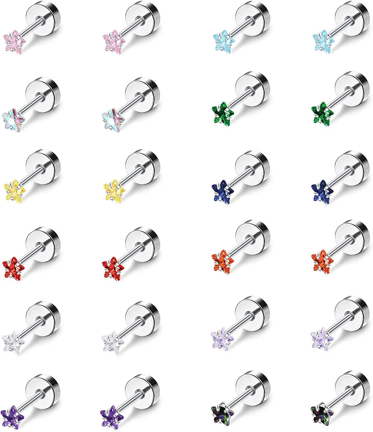 12Pairs CZ Stud Earrings for Women Men Stainless Multicolor Star Cubic Zirconia Earrings Studs Cartilage Helix Earring Stud Set 3MM-6MM - Grocery