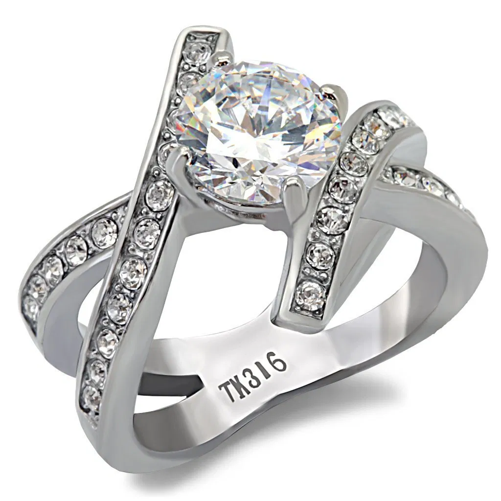 TK169 - High polished (no plating) Stainless Steel Ring with AAA Grade CZ in Clear - Grocery